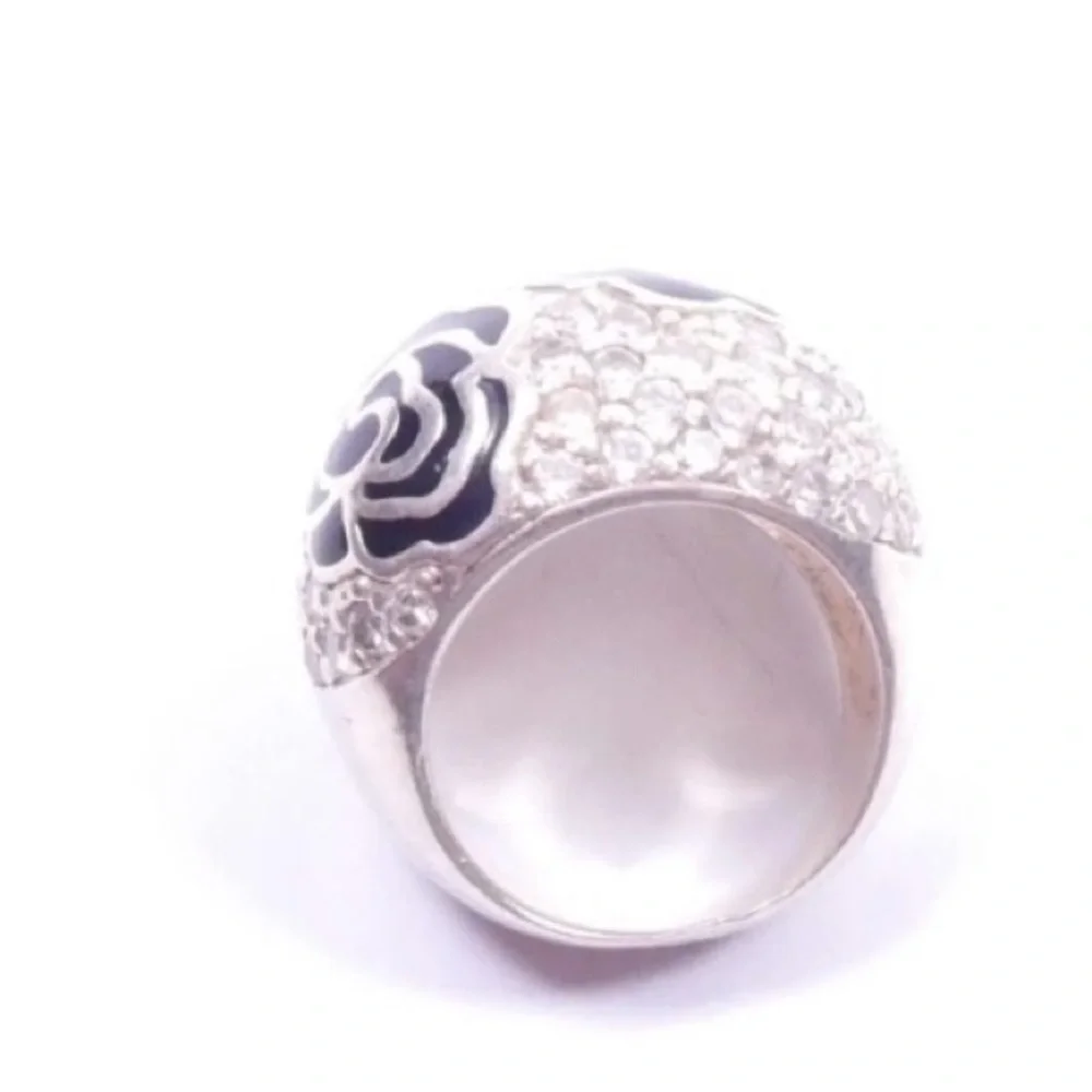 VTG RARESerling Silver Ring Black Enamel Roses with Pave Cz Diamonds Size 10